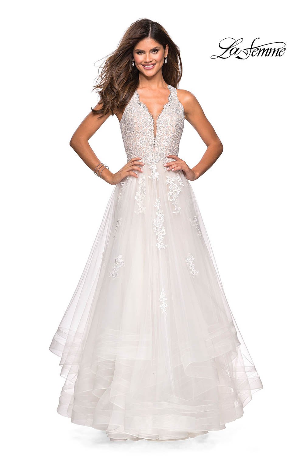 La Femme 27603 prom dress images.  La Femme 27603 is available in these colors: Cloud Blue, Lilac Mist, White.