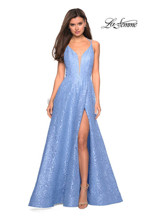 La Femme 27612 prom dress images.  La Femme 27612 is available in these colors: Cloud Blue, Gunmetal, Ivory, Plum.