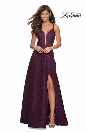 La Femme 27612 prom dress images.  La Femme 27612 is available in these colors: Cloud Blue, Gunmetal, Ivory, Plum.