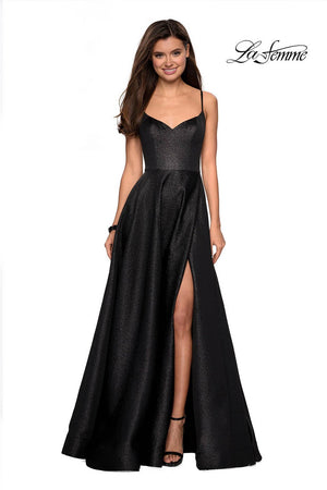 La Femme 27619 prom dress images.  La Femme 27619 is available in these colors: Black, Champagne, Gold Black.