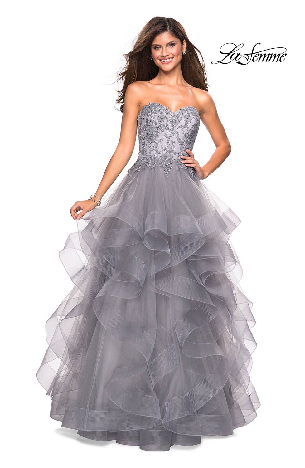 La Femme 27620 prom dress images.  La Femme 27620 is available in these colors: Cloud Blue, Mauve, Silver.