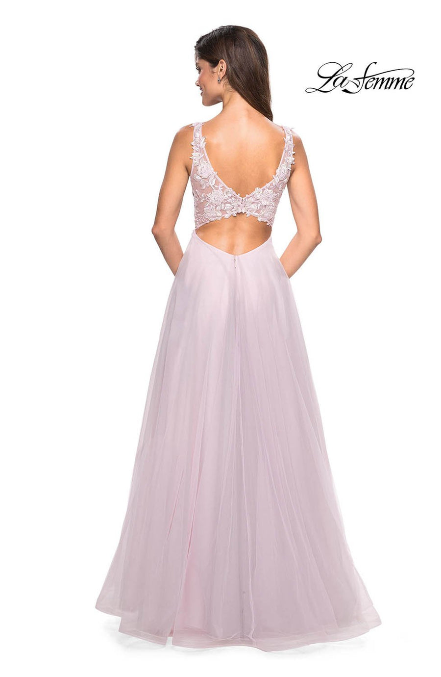 La Femme 27621 prom dress images.  La Femme 27621 is available in these colors: Cloud Blue, Light Pink.