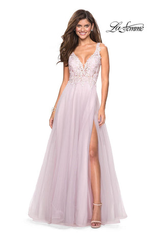 La Femme 27621 prom dress images.  La Femme 27621 is available in these colors: Cloud Blue, Light Pink.