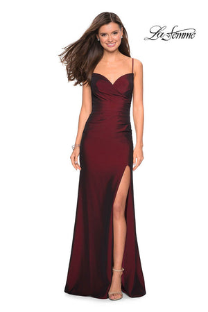 La Femme 27626 prom dress images.  La Femme 27626 is available in these colors: Burgundy, Gunmetal, Navy, Violet.