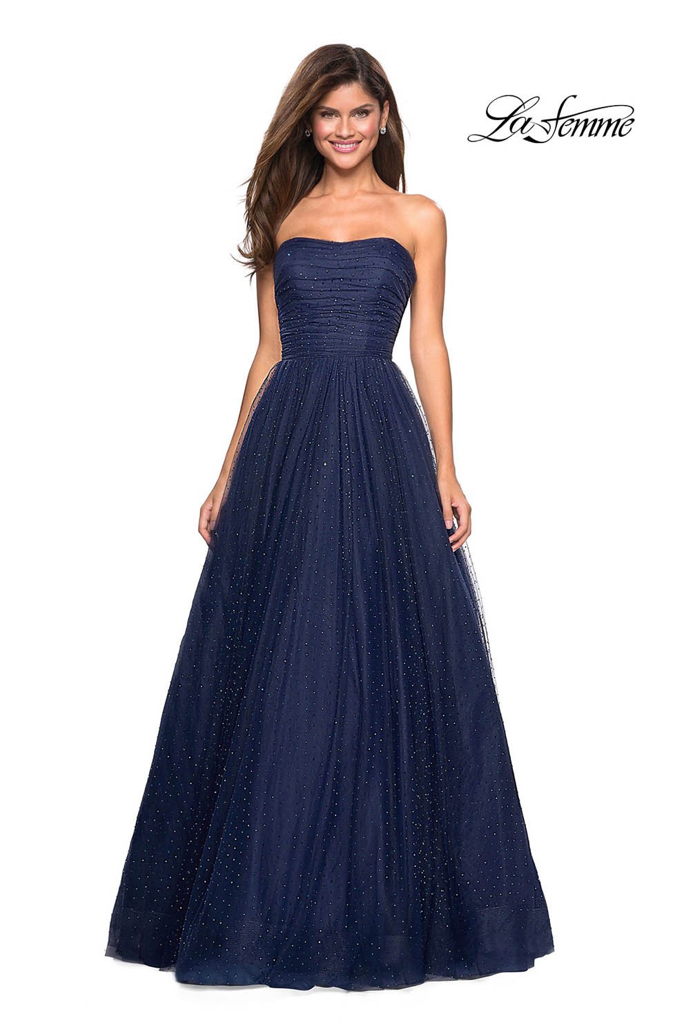 La Femme 27630 prom dress images.  La Femme 27630 is available in these colors: Aquamarine, Gunmetal, Light Pink, Lilac Mist, Navy.