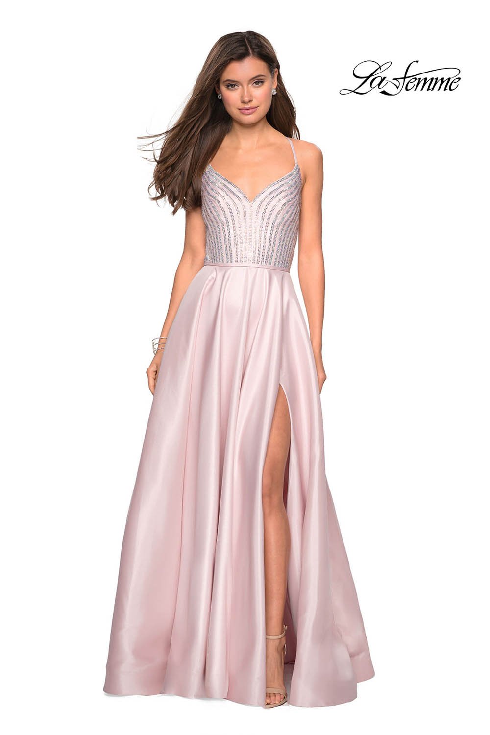 La Femme 27634 prom dress images.  La Femme 27634 is available in these colors: Blush, Cloud Blue, Silver.