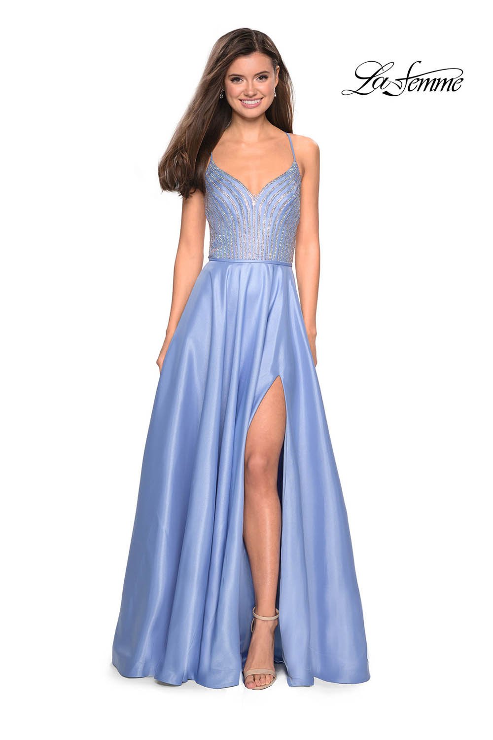 La Femme 27634 prom dress images.  La Femme 27634 is available in these colors: Blush, Cloud Blue, Silver.