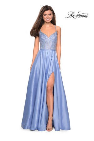 La Femme 27634 prom dress images.  La Femme 27634 is available in these colors: Blush, Cloud Blue, Silver.
