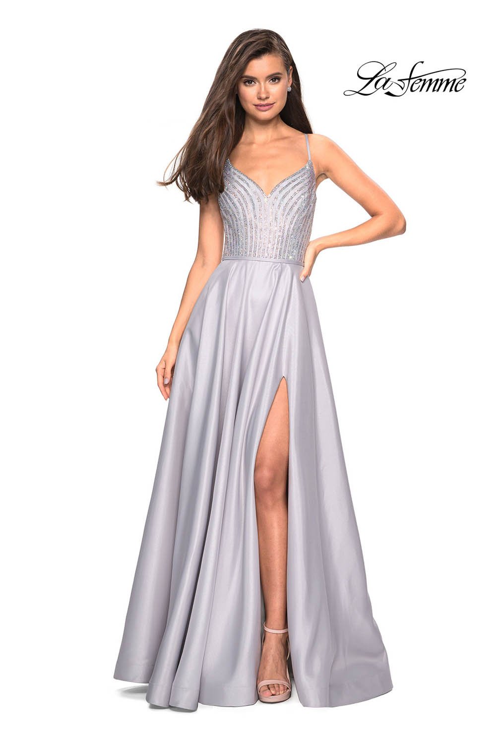 La Femme 27634 prom dress images.  La Femme 27634 is available in these colors: Blush, Cloud Blue, Silver.