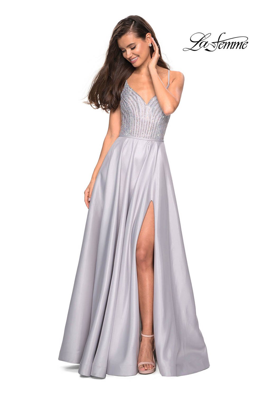 La Femme 27634 prom dress images.  La Femme 27634 is available in these colors: Blush, Cloud Blue, Silver.