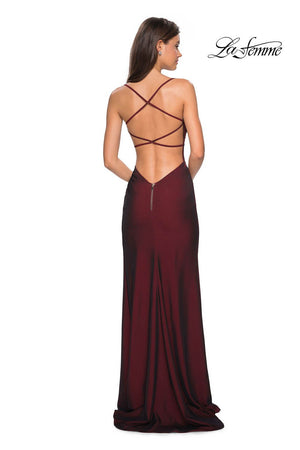 La Femme 27660 prom dress images.  La Femme 27660 is available in these colors: Black, Burgundy, Navy, Violet.