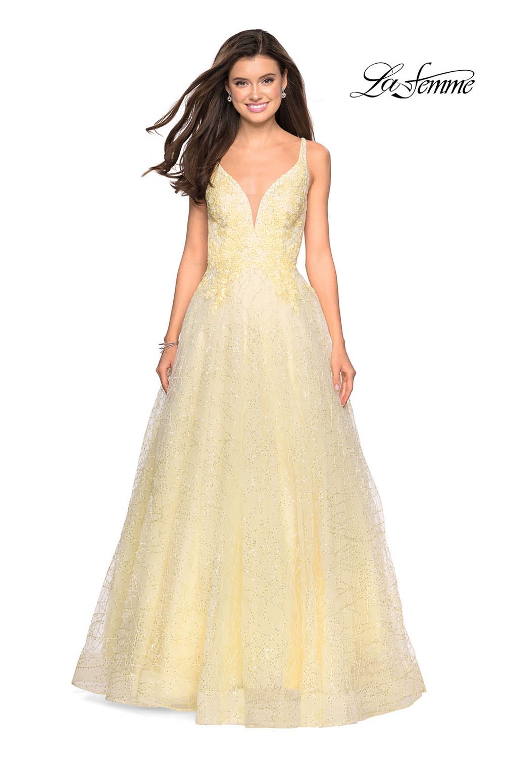 La Femme 27719 prom dress images.  La Femme 27719 is available in these colors: Cloud Blue, Lavender, Pale Yellow, Silver.