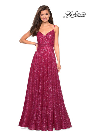 La Femme 27747 prom dress images.  La Femme 27747 is available in these colors: Fuchsia, Gold, Gunmetal, Navy.