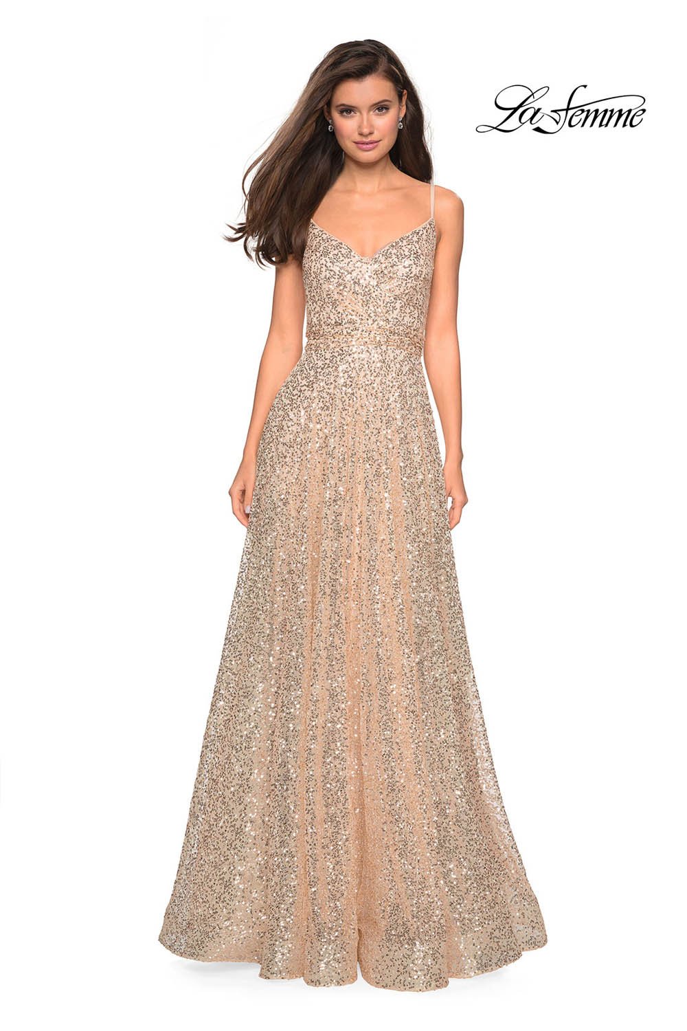 La Femme 27747 prom dress images.  La Femme 27747 is available in these colors: Fuchsia, Gold, Gunmetal, Navy.