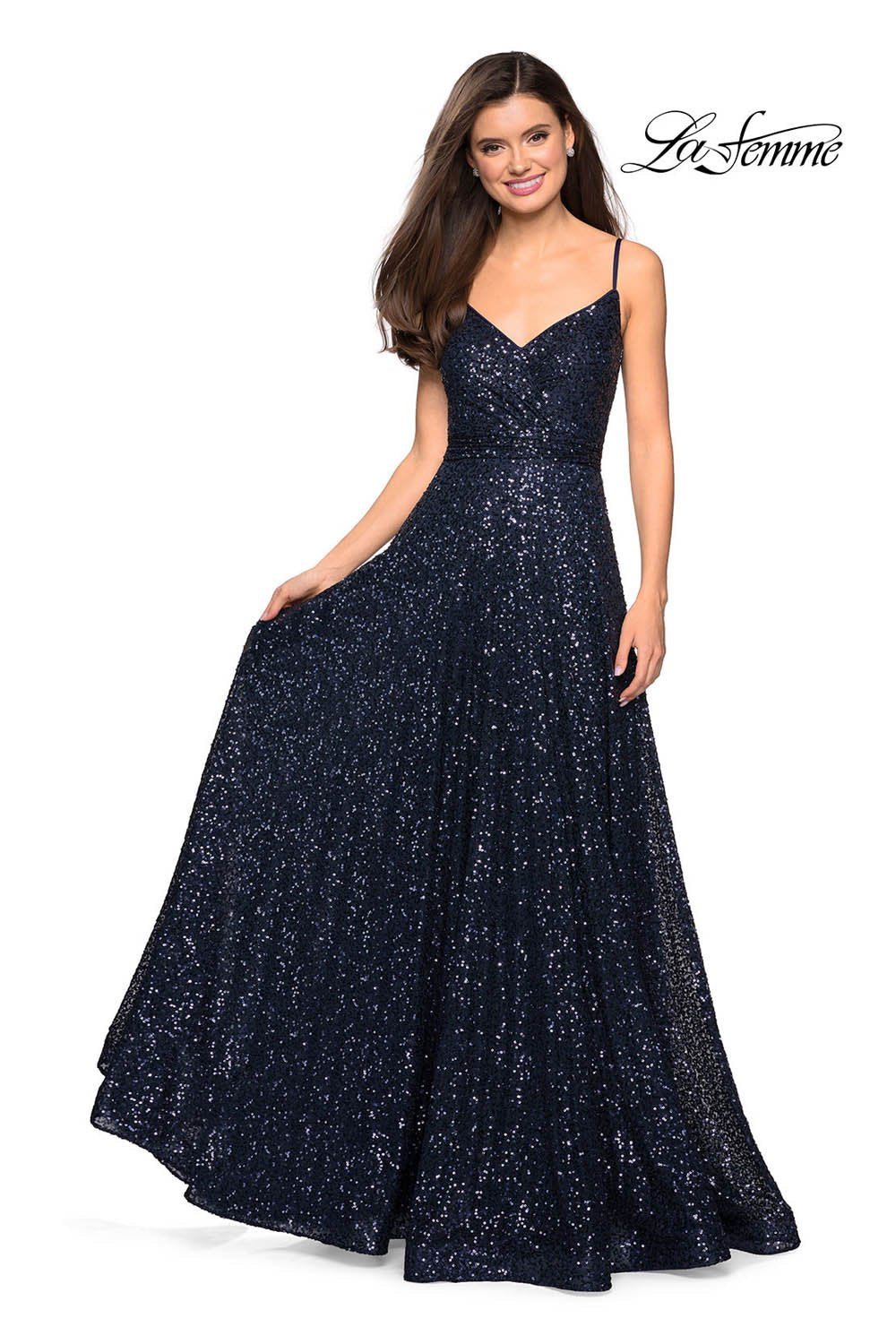 La Femme 27747 prom dress images.  La Femme 27747 is available in these colors: Fuchsia, Gold, Gunmetal, Navy.