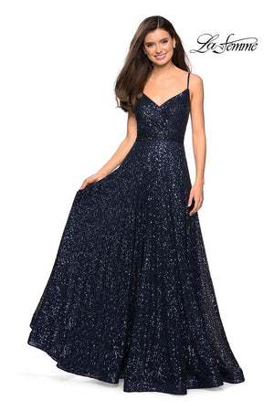 La Femme 27747 prom dress images.  La Femme 27747 is available in these colors: Fuchsia, Gold, Gunmetal, Navy.