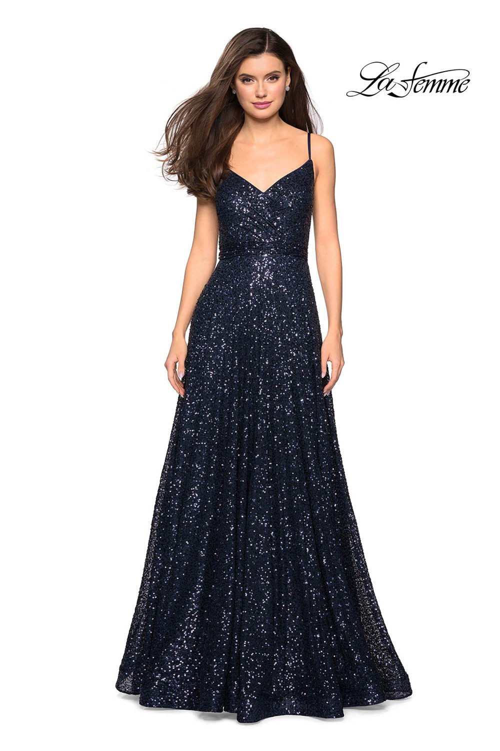La Femme 27747 prom dress images.  La Femme 27747 is available in these colors: Fuchsia, Gold, Gunmetal, Navy.