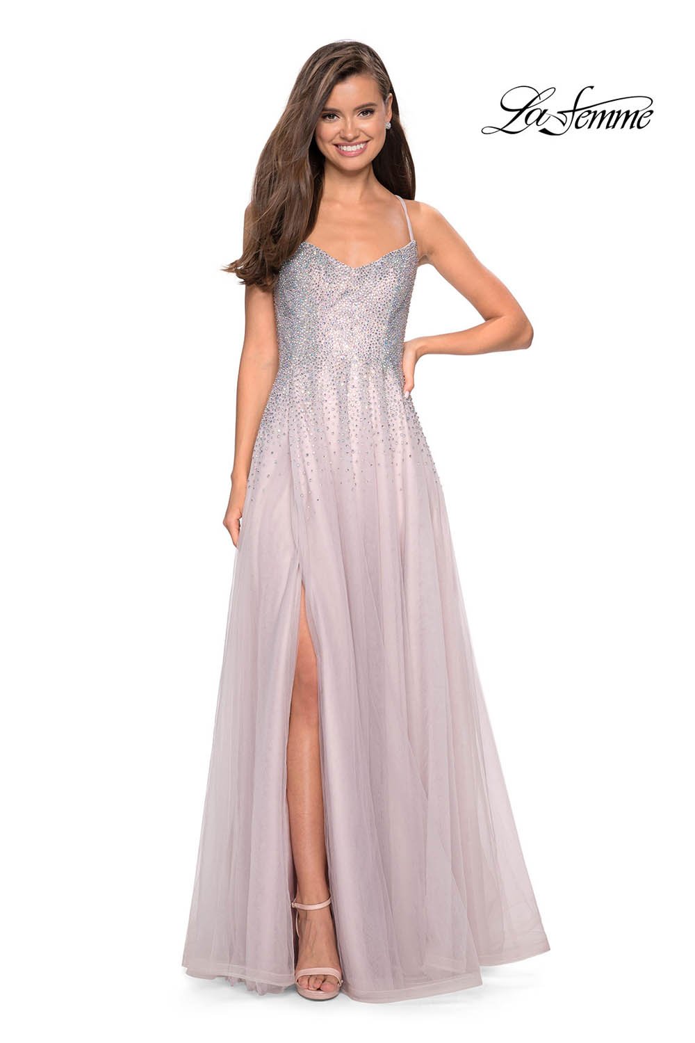 La Femme 27750 prom dress images.  La Femme 27750 is available in these colors: Cloud Blue, Mauve.