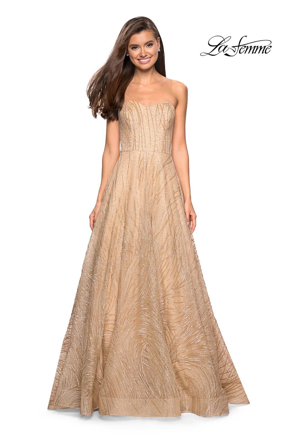 La Femme 27776 prom dress images.  La Femme 27776 is available in these colors: Gold, Lilac Mist, Navy.