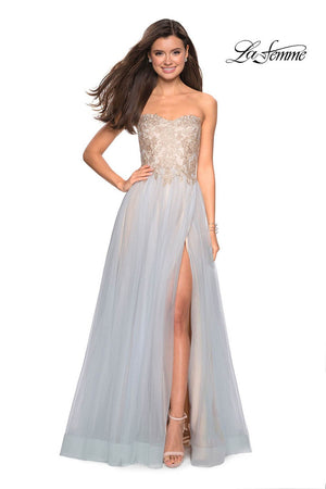 La Femme 27795 prom dress images.  La Femme 27795 is available in these colors: Cloud Blue Gold.