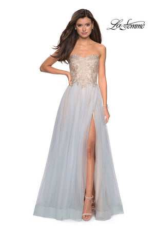 La Femme 27795 prom dress images.  La Femme 27795 is available in these colors: Cloud Blue Gold.
