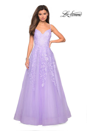 La Femme 27819 prom dress images.  La Femme 27819 is available in these colors: Dusty Blue, Lavender, Light Pink.
