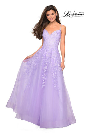 La Femme 27819 prom dress images.  La Femme 27819 is available in these colors: Dusty Blue, Lavender, Light Pink.