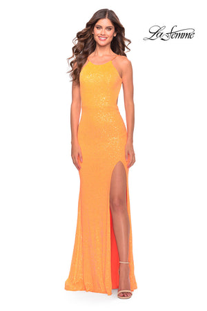 La Femme 30635 prom dress images.  La Femme 30635 is available in these colors: Aqua, Light Periwinkle, Orange, Yellow.