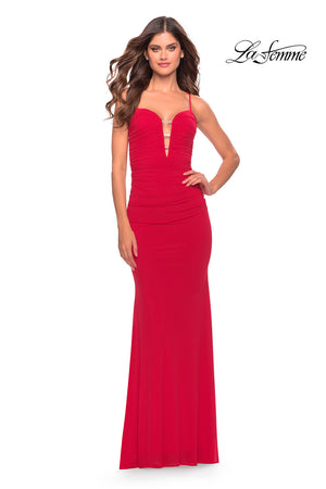 La Femme 31114 prom dress images.  La Femme 31114 is available in these colors: Black, Dark Emerald, Red, Royal Blue.