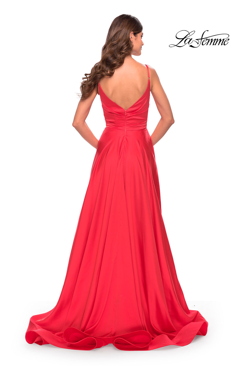 La Femme 31121 prom dress images.  La Femme 31121 is available in these colors: Hot Coral, Neon Pink.