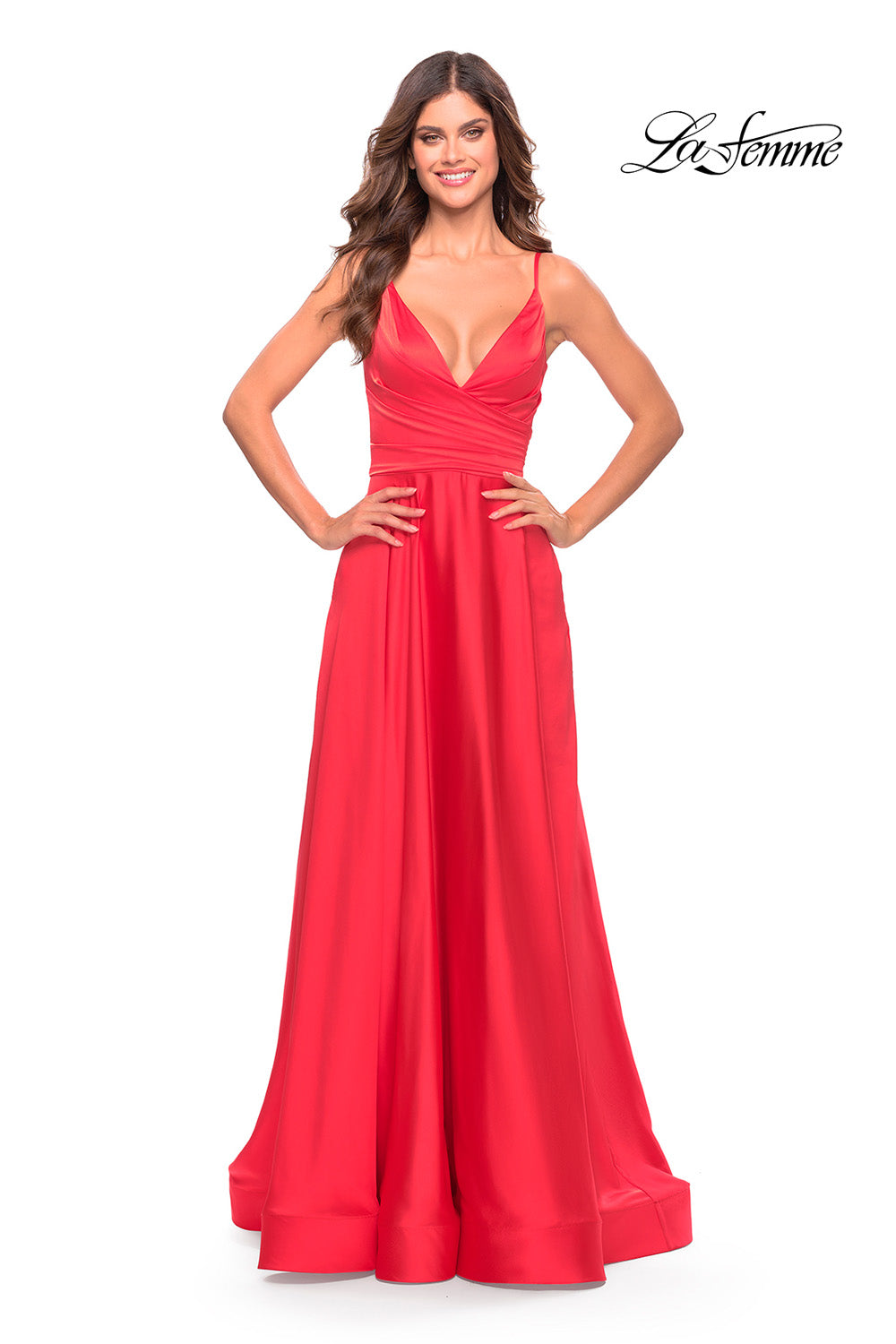 La Femme 31121 prom dress images.  La Femme 31121 is available in these colors: Hot Coral, Neon Pink.
