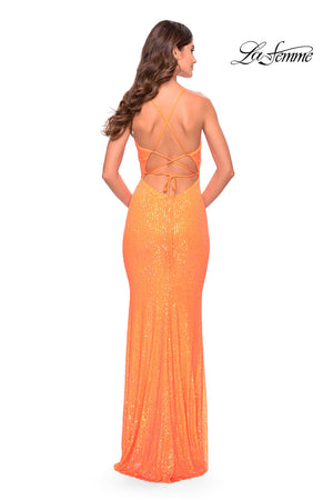 La Femme 31137 prom dress images.  La Femme 31137 is available in these colors: Neon Pink, Orange, Periwinkle.