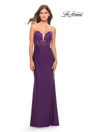 La Femme 31182 prom dress images.  La Femme 31182 is available in these colors: Dark Berry, Dark Emerald, Navy, Royal Purple.