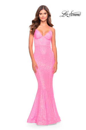 La Femme 31199 prom dress images.  La Femme 31199 is available in these colors: Neon Pink, Orange.