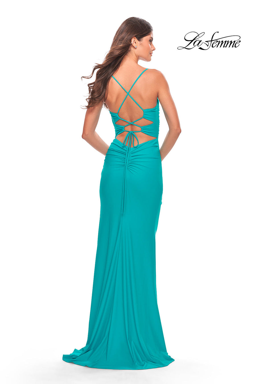La Femme 31264 prom dress images.  La Femme 31264 is available in these colors: Aqua, Periwinkle, Red.