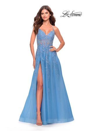 La Femme 31284 prom dress images.  La Femme 31284 is available in these colors: Cloud Blue, Royal Purple.