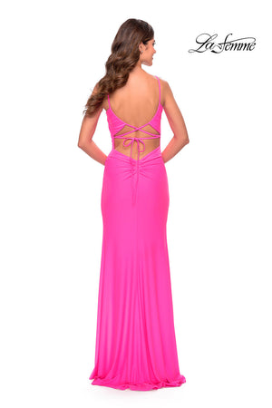 La Femme 31329 prom dress images.  La Femme 31329 is available in these colors: Cloud Blue, Hot Coral, Neon Pink.
