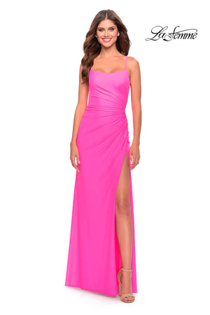 La Femme 31329 prom dress images.  La Femme 31329 is available in these colors: Cloud Blue, Hot Coral, Neon Pink.