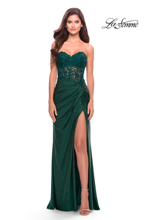 La Femme 31343 prom dress images.  La Femme 31343 is available in these colors: Black, Dark Emerald, Red, Royal Blue.