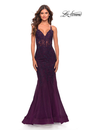 La Femme 31344 prom dress images.  La Femme 31344 is available in these colors: Dark Berry, Royal Blue, White.