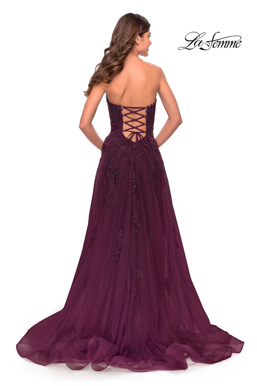 La Femme 31345 prom dress images.  La Femme 31345 is available in these colors: Dark Berry, Dark Emerald.