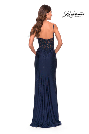 La Femme 31361 prom dress images.  La Femme 31361 is available in these colors: Emerald, Navy, Red.
