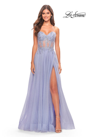 La Femme 31367 prom dress images.  La Femme 31367 is available in these colors: Cloud Blue, Light Periwinkle, Sage.