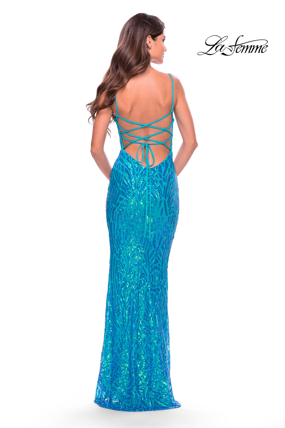 Aqua Glitter V-Neck Prom Dress - 231P0084