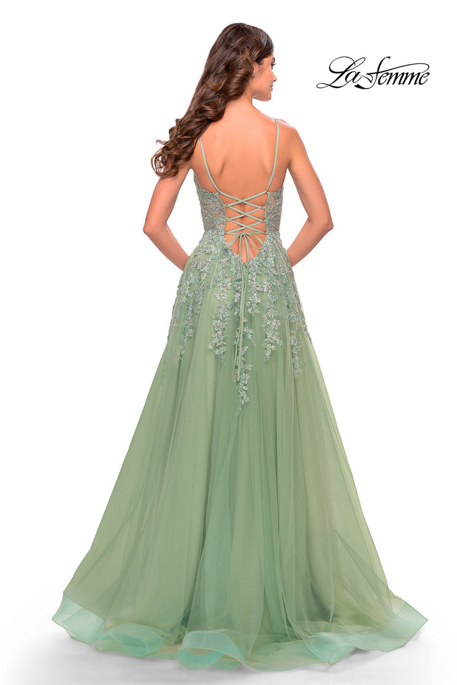 La Femme 31393 prom dress images.  La Femme 31393 is available in these colors: Dark Berry, Dusty Mauve, Sage.