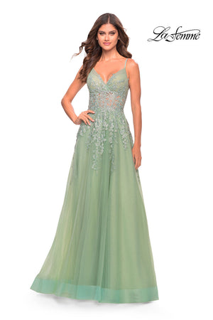 La Femme 31393 prom dress images.  La Femme 31393 is available in these colors: Dark Berry, Dusty Mauve, Sage.