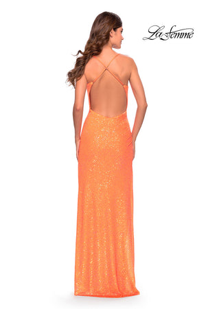 La Femme 31405 prom dress images.  La Femme 31405 is available in these colors: Hot Coral, Light Periwinkle, Neon Pink, Orange.