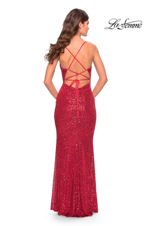 La Femme 31409 prom dress images.  La Femme 31409 is available in these colors: Purple, Red, Royal Blue.