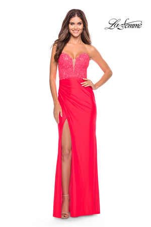 La Femme 31411 prom dress images.  La Femme 31411 is available in these colors: Light Periwinkle, Neon Coral, Neon Pink.