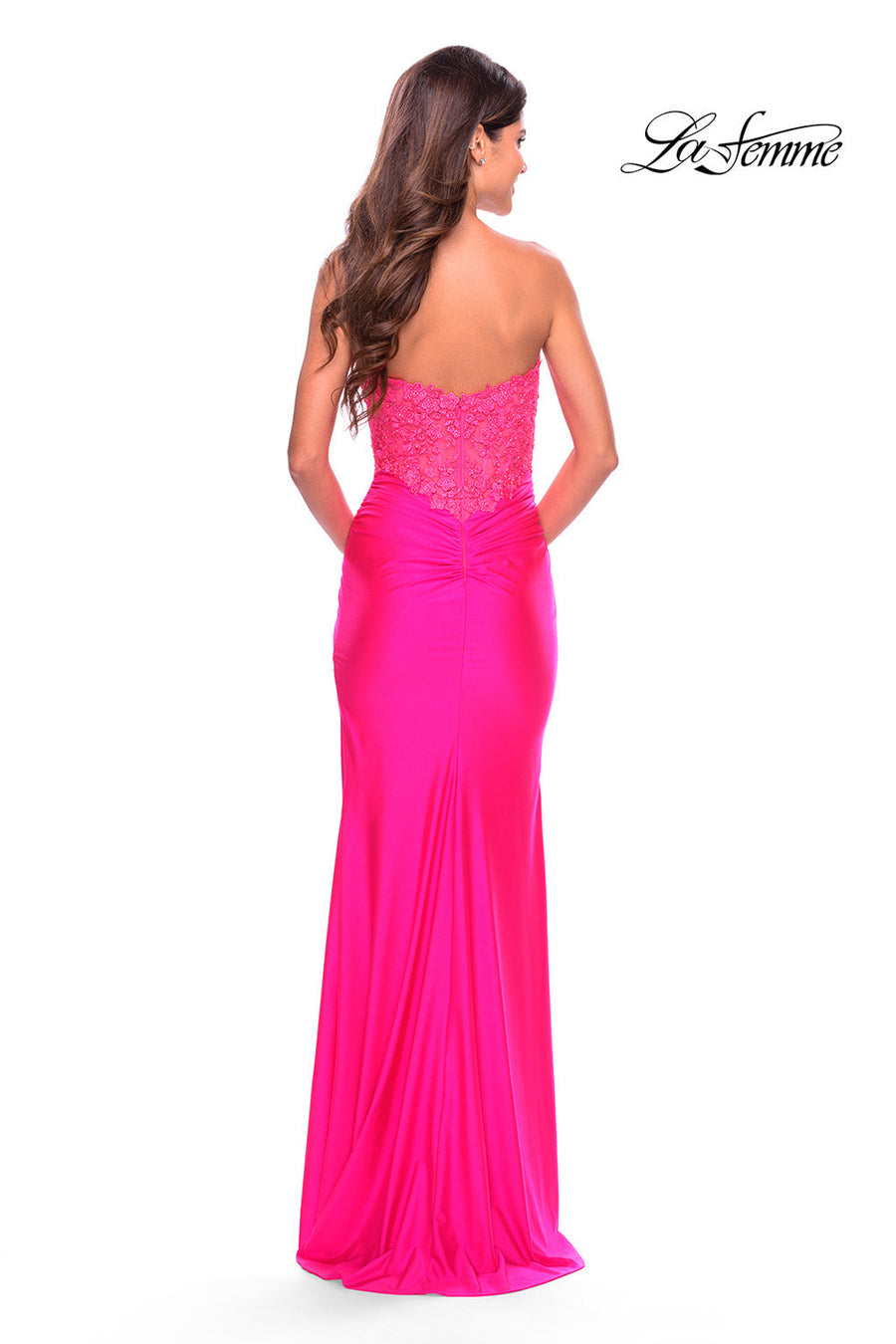 La Femme 31411 prom dress images.  La Femme 31411 is available in these colors: Light Periwinkle, Neon Coral, Neon Pink.
